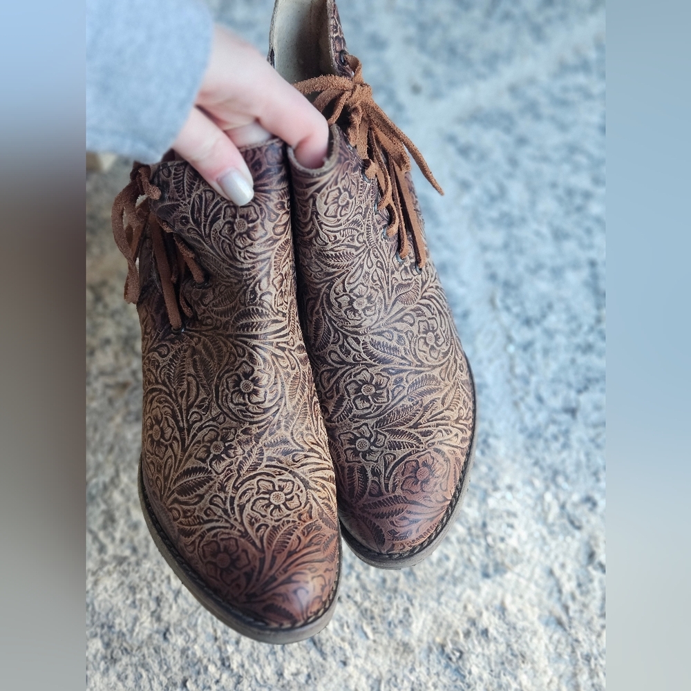 Circle G Tooled Brown Floral Lace-Up Ankle Boots - Picture 2 of 4